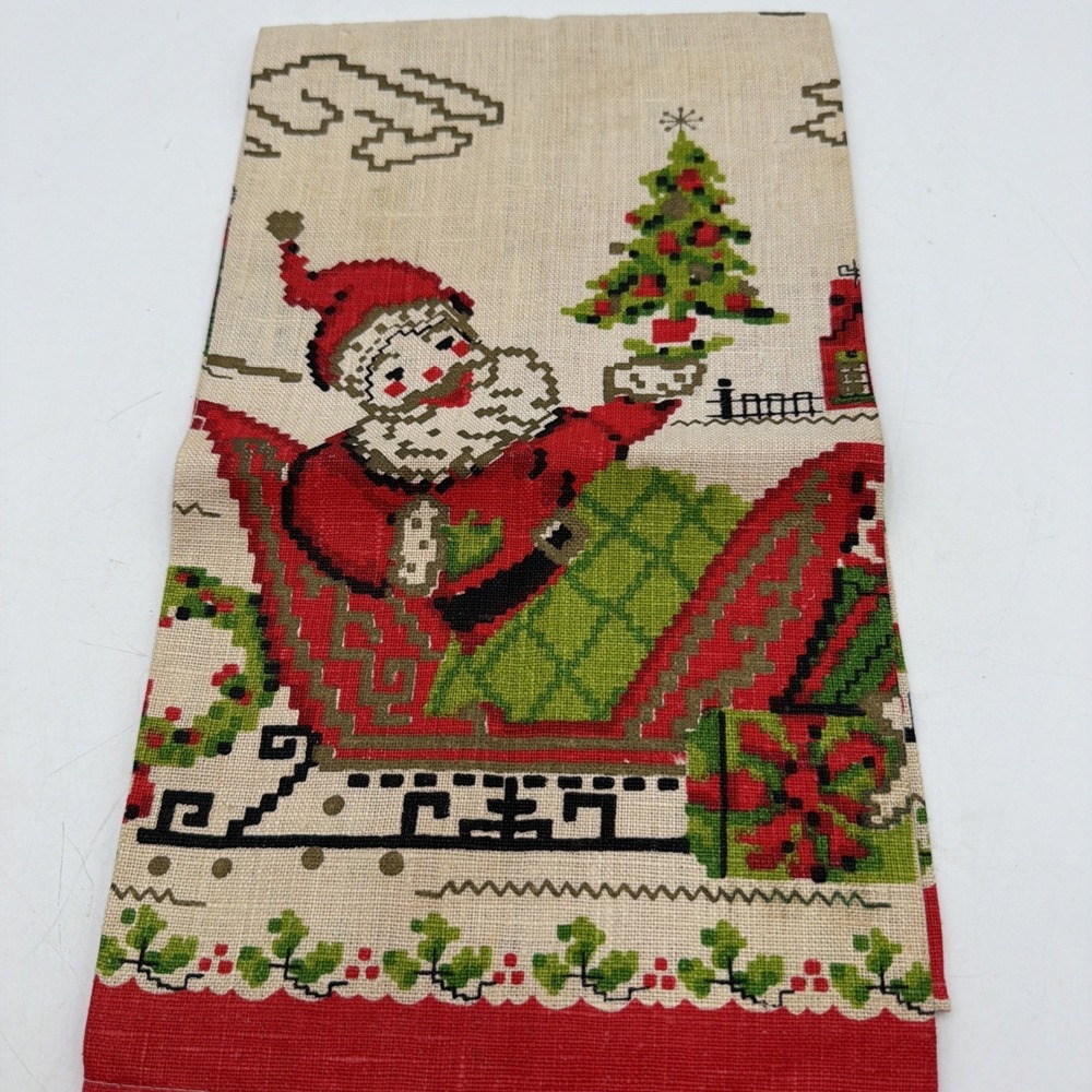 Vintage Kitschy Christmas Towel Parisian Print Santa Claus Noel Cloth Linen